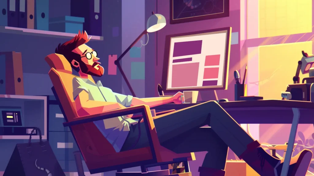 An illustration of a marketer relaxes after putting together a design